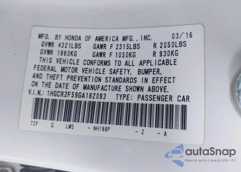 2016 Honda Accord Sport from USA, damaged, VIN 1HGCR2F59GA182093